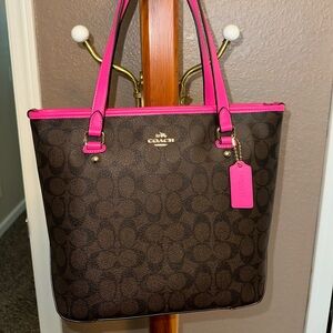 BNWT Coach Top Zip Tote brown and bright fuchsia MSRP $295